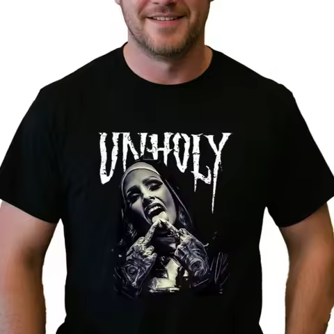 Funny Nun Tattoos Unholy Gothic Evil Anti-Christ Vintage Men's Black T-Shirt Summer Tee Tops Streetw
