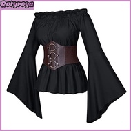 Women Top with Corset Medieval Pirate Off Shoulder Irregular Flared Sleeves Blouse Petal Hem Festiva