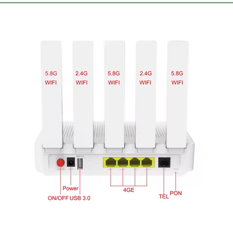 XPON ONU 4GE Ports + 1POTS + Wifi 6 AX1800, Dual Band 2.4G&5.8G, 5pcs Antenna, With ZTE Chipset