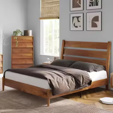 Queen Bed Frame with Reclining Slatted Headboard, Mid Century Bed Frame with Wood Slat Support, Wood