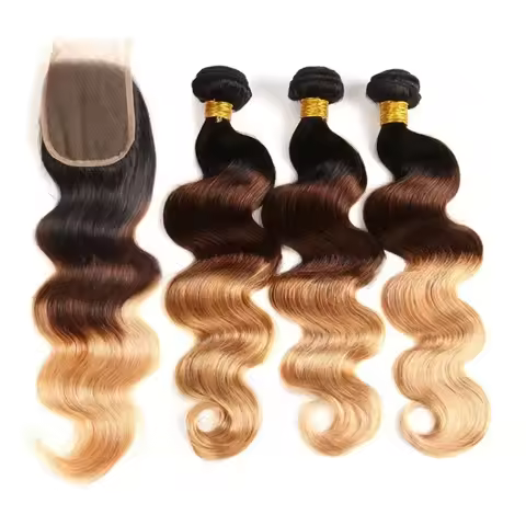 T1B/4/27 Body Wave 2/3 Bundles With Closure 4×4 Lace 100% Human Hair P4/27 Color 100g/Pc Brazilian V