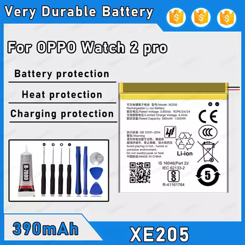 390mAh 100% New XE205 Battery For OPPO Watch 2 PRO Replacement Bateria+Free Tools
