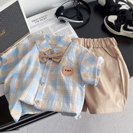Baby Clothes Children Short-Sleeved Plaid Western-Style Boy Suit Handsome Boy Suit Handsome Two-Piec