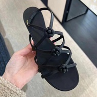 DANDT Genuine Leather Chanel Style Camellia Flat Sandals Summer Open Toe Back Empty Roman Beach Slip