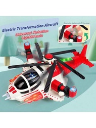 1入兒童電動變形飛機玩具,配備燈光、音樂、萬能戰鬥機和旋轉直升機,適用於3歲以上的男女孩童