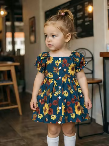 Girls Navy Base Sunflower Print Square Neck Dress Boho Style Summer Outfit