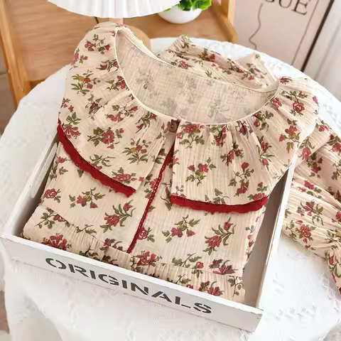 100% Cotton Gauze Women's Pajamas long Sleeved Pants Sailor Collar Pajamas Household Women's Pajamas