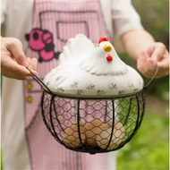 ♞Large Stainless Steel Mesh Wire Egg Storage Basket with Ceramic Farm Chicken Top and Handles