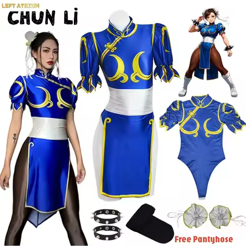 Women's Street Fighter Chun Li Cosplay Costume Game Fighter Chunli Blue Cheongsam with Headdress and