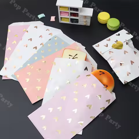 12pcs Paper Sweet Favour Bags White Violet Kraft Foil Heart Gift Bag Birthday Wedding Candy Bag Cook