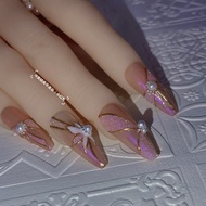 Face Upside-Down Nails Design Pieceg Fake Pink gel Polish With Pearl Sand Band