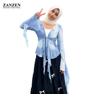 ZANEN Women's V-neck Blouse Glamorous Contrast Muslimah Tie Dye Gradient Ribbon Long Sleeve Mesh Fro