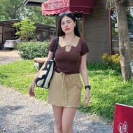 lvupthaishop เสื้อครอปคอโปโลแขนสั้น ผ้าไหมพรมทอลายริ้วสลับสี รุ่น บทเพลง B-015-2-A