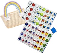 SILICPS Seaside Escape Game Blocks Mahjong Sets with 65 Tiles 30mm Flag and Ball Pattern with Staw Woven Rainbow Handbag for Spring Picnic Party Gift.