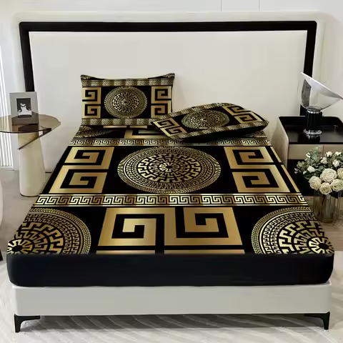 3PC European Style Disc Bed Sheet 100%Polyester 1Fitted Sheet 2Pillowcases Queen/King Size Elastic M