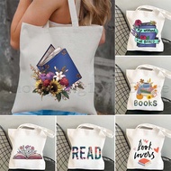 Floral Watercolor Stacked Books Flowery Read Banned Books Lover Library Reading Canvas Shoulder Tote Bag Shopper Cotton Handbag