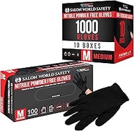 Salon World Safety Black Nitrile Disposable Gloves, Box of 100, Size Medium, 5.0 Mil - Latex Free, Textured, Food Safe