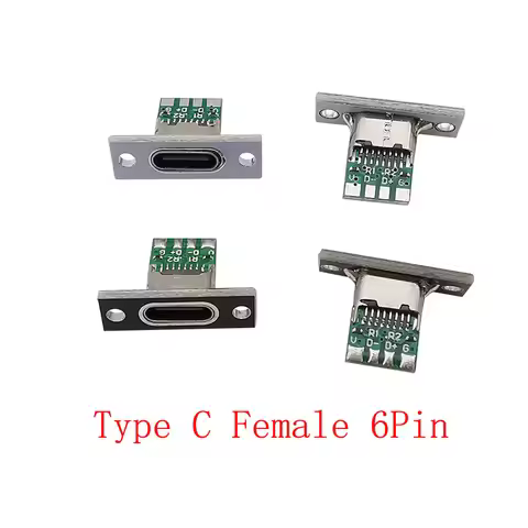 6Pcs USB Type C Socket 6 Pin With Fixing Plate Mount Type-C USB Jack Connector DIY Charging Port 6P 
