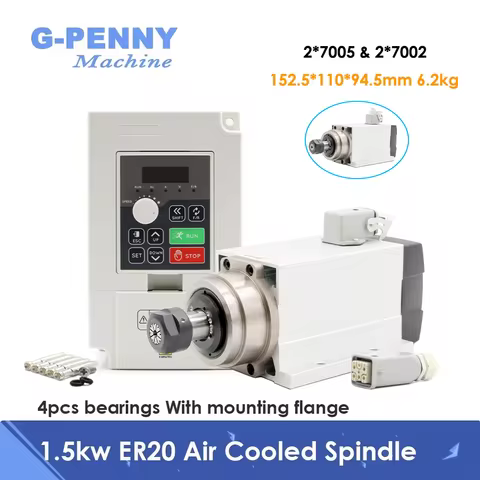 G-Penny 1.5KW Square Air Cooled Spindle ER20 4 Bearings Mounting Flange 300Hz Fan Cooling +1.5KW VFD