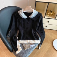 94867 Lace Stitching Lapel Contrast Color Single-Breasted Long-Sleeved Sweater