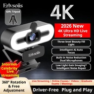 Erlvsoiis 4K Ultra HD Webcam, Fill Light, Auto Focus, Driver-Free, Dual Mic, for Laptop/Desktop