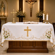 Catholic Altar Table Cloth Gold Cross Lily Design Waterproof Table Cover Church Prayer Home Decorati