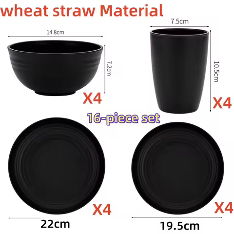 16PCS Wheat Straw PP Cutlery Set, Dish and Bowl Set, Cutlery Set, Dishwasher Safe, Reusable Cutlery