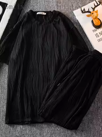 Gmiixder Men Ice Silk Striped Textured Suits Summer Short-sleeved T-shirt + Sweat Pants Grunge High-