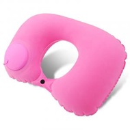 全城熱賣 - [粉色] 便攜式充氣U型植絨枕 按壓自動充氣 旅行護頸枕 飛機枕 戶外旅遊