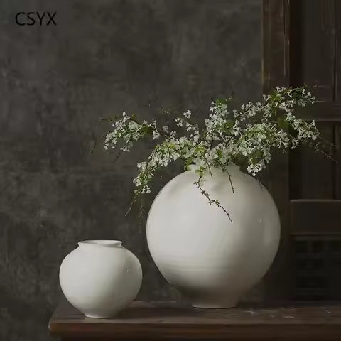 Handcrafted Ceramic Vase - Vintage White Zen Floral Art Decor, Perfect Dried Flowers B&B Ornament, E