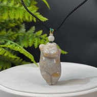 精品天然可愛胖貓珊瑚玉吊墜冰潤玉化檸檬片鳳尾紋冰灰藍底飄黃