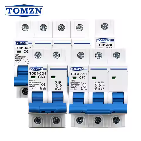 TOMZN AC MCB TOB1-63H C Curve 230/400V~ 50/60Hz Mini Circuit Breaker 1P 2P 3P 4P 3A 6A 10A 16A 20A 2