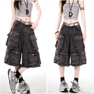Jaystoree Jaystoree | JEMI Jean Shorts with box pockets in GRAY/BLUE Unisex form Wide-leg denim carg