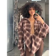 Kemeja Wanita Kotak-kotak Kolar Turn-Down Lengan Panjang Pad Bahu Butang Blaus Wanita Bersaiz Besar 