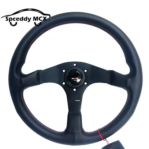 Racing Drift Sport Mu Steering Wheel Real Leather 14inch With Red Stitching 350mm Diameter For Car U