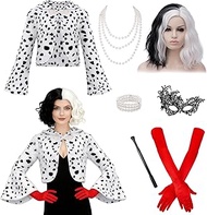 9 Pcs Cruella Deville Costume Women Halloween Costume Dalmatian Cosplay Black White Coat Shawl with 