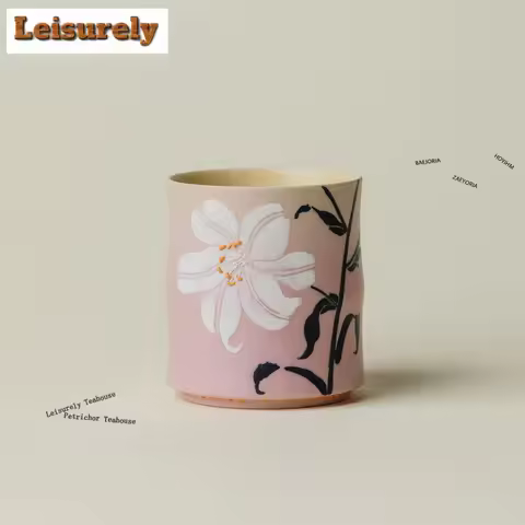 HOYIHM 90ml Peach Pink Hand-painted Lily Teacup Creative Tea Bowl Tea Cup Set Tea-tasting Fragrance 