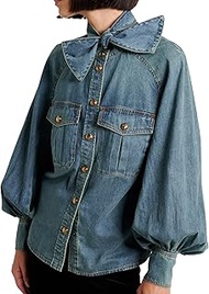 Women's Bow Denim Shirt Button Down High Neck Puff Sleeve Demin Jacket