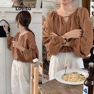 Lovito Casual Blouse Plain Lace Up Cut Out Ruffle Bishop Sleeve Blouse for Women LNE29469  (Mocha Br