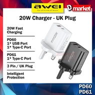 Awei PD60 20W Charger Adapter 20W Fast Charging Charger Awei PD61 Wall Charger 3 Pin UK Plug Awei Ch