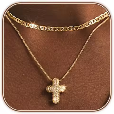 Bubble Cross Necklace for Women 14k Gold Plated Cross CZ Pendant Stackable Dainty Mariner Chain Neck
