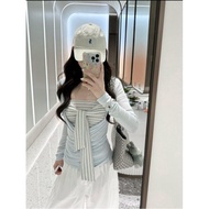 [keke] Hot Girl Suit Slim-Fit Collar Long-Sleeved T-Shirt Women's Inner Striped Lace-Up Tube Top Two