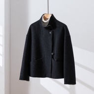 輕盈優雅立襟短版大衣 羊毛混紡雙面面料 深灰色 260108-2
