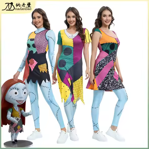 Halloween Costume Nightmare Before Christmas Sally Cosplay Dress Layered 3D Digital Print Outfit