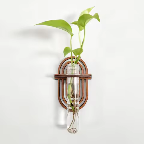 Plant Wall Vase Wooden Stand Hydroponic Plant Container Display Shelf Transparent Plant Hedge Garden