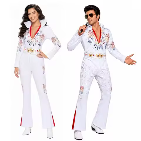 Halloween Women Men Elvis Diamond Jumpsuit Elvis Presley Cosplay Costume Rock Singer White Printed J