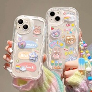 For iPhone 11 Pro Max iPhone 12 Pro Max iPhone 13 Pro Max iPhone 14 Pro Max 3D Cute Rabbit Bear Wave Border Phone Casing Soft Back Cover Candy Chain