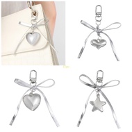 flgo Silver Leather Bowknot Key Rings with Heart Adornment Suitable for Party Goers