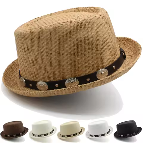 Men Women Straw Pork Pie Hats Summer Sunhat Boater Caps Sailor Sombrero Beach Fedora Trilby Outdoor 