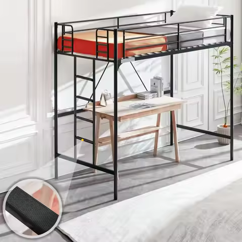 Metal Loft Bed with Stairs and Flat Rung, Junior Bed Full Size High Loft Bed for Kids/Teens/Adults, 